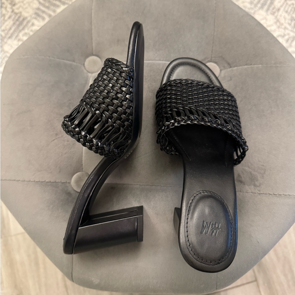 Black Woven Block Heel Sandals